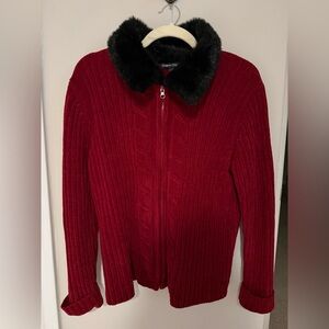 Red Ribbed Zip-Up Sweater with Faux Fur Collar